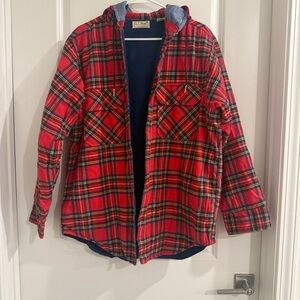 80s Vintage L.L. Bean Quilted Flannel Shirt Jacket USA made- Red Tartan Plaid